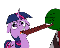 Size: 1500x1200 | Tagged: safe, artist:anontheanon, twilight sparkle, oc, oc:anon, human, pony, unicorn, /mlp/, chocolate, drawthread, faic, food, looking at you, mouth hold, necktie, open mouth, ponified animal photo, simple background, smug, teeth, wat, white background