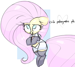 Size: 1589x1418 | Tagged: safe, artist:hattsy, fluttershy, pony, boots, clothes, cosplay, costume, cute, dialogue, drawthread, gloves, pokémon, shirt, shyabetes, skirt, smiling, solo, team rocket, thigh boots