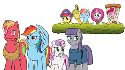 Size: 1280x720 | Tagged: safe, artist:mkogwheel, apple bloom, big macintosh, maud pie, pinkie pie, rainbow dash, rarity, sweetie belle, windy whistles, earth pony, pegasus, pony, unicorn, forever filly, hard to say anything, parental glideance, rock solid friendship, flower costume, flowerity, foam finger, male, pizza head, shame, simple background, spyrate, stallion, white background