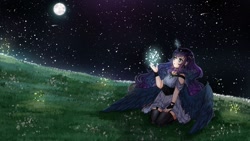 Size: 1600x900 | Tagged: safe, artist:kawurin, princess luna, human, alicorn humanization, clothes, cute, dress, full moon, garter belt, glowing horn, horn, horned humanization, humanized, lunabetes, magic, moon, night, sitting, sky, solo, starry night, stars, stockings, thigh highs, winged humanization, wings