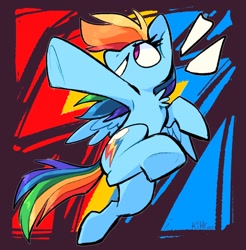 Size: 916x932 | Tagged: safe, artist:klhpyro, rainbow dash, pegasus, pony, abstract background, action pose, armpits, backwards cutie mark, female, grin, looking sideways, mare, pointing, smiling, solo