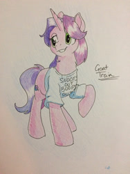 Size: 2448x3264 | Tagged: safe, artist:goat train, oc, oc only, oc:gloomy, pony, clothes, commission, raised hoof, shirt, solo, t-shirt, traditional art