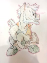 Size: 1280x1707 | Tagged: safe, artist:goat train, pony, clothes, commission, facial hair, gritted teeth, gun, old man henderson, ponified, shotgun, sitting, solo, traditional art, weapon