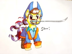 Size: 1280x960 | Tagged: safe, artist:goat train, oc, oc only, pony, commission, facial hair, male, mouth hold, pirate, solo, stallion, sword, traditional art, weapon