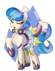 Size: 1449x1881 | Tagged: safe, artist:maren, sapphire shores, earth pony, pony, dress, female, hat, lidded eyes, mare, open mouth, raised hoof, signature, simple background, solo, transparent background