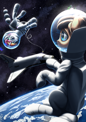 Size: 2894x4093 | Tagged: safe, artist:koshakevich, oc, oc only, oc:judge, oc:vetta, earth pony, pony, unicorn, astronaut, buran, cosmonaut, couple, earth, female, male, mare, shipping, smiling, space, spaceplane, spacesuit, stallion