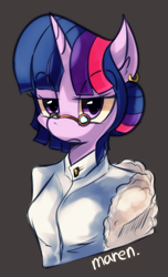 Size: 533x878 | Tagged: safe, artist:maren, twilight sparkle, anthro, alternate hairstyle, bust, glasses, portrait, solo