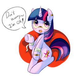 Size: 1153x1177 | Tagged: safe, artist:maren, twilight sparkle, feeling pinkie keen, bandage, bandaid, cute, dialogue, injured, raised hoof, sitting, smiling, solo, twiabetes