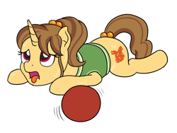 Size: 1280x960 | Tagged: safe, artist:mkogwheel, pony, unicorn, aloha, ball, clothes, drawthread, exhausted, open mouth, panting, ponytail, prone, simple background, solo, sweat, tongue out, vest, white background