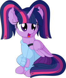 Size: 6190x7263 | Tagged: safe, artist:cyanlightning, twilight sparkle, twilight sparkle (alicorn), alicorn, pony, .svg available, alternate hairstyle, clothes, cute, ear fluff, female, folded wings, mare, off shoulder, off shoulder sweater, open mouth, pigtails, simple background, sitting, skirt, solo, sweater, transparent background, twiabetes, twintails, vector, wings