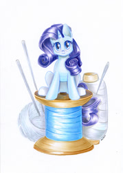 Size: 800x1117 | Tagged: safe, artist:maytee, rarity, pony, unicorn, cute, knitting needles, marker drawing, micro, needle, raribetes, solo, spool, thread, traditional art, yarn, yarn ball