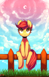 Size: 1182x1845 | Tagged: safe, artist:maren, scootaloo, crescent moon, fence, moon, sitting, solo, vertigo