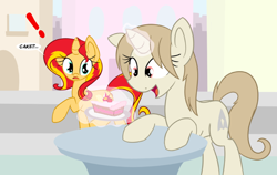 Size: 800x505 | Tagged: safe, artist:sunsetshimmerreallyhatesyou, sunset shimmer, oc, pony, unicorn, cake, sunset shimmer hates you