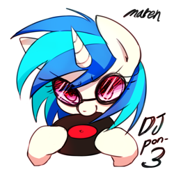 Size: 1100x1100 | Tagged: safe, artist:maren, dj pon-3, vinyl scratch, pony, unicorn, nom, pixiv, record, solo