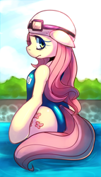 Size: 1301x2277 | Tagged: safe, artist:maren, fluttershy, pegasus, pony, semi-anthro, bipedal, breasts, clothes, delicious flat chest, flattershy, goggles, hat, one-piece swimsuit, school swimsuit, solo, swimming cap, swimming goggles, swimming pool, swimsuit