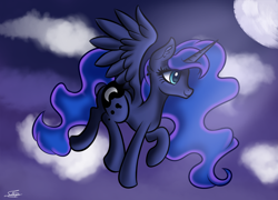 Size: 1500x1080 | Tagged: safe, artist:sadtrooper, princess luna, alicorn, pony, female, flying, mare, night, solo