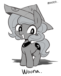 Size: 1400x1751 | Tagged: safe, artist:maren, princess luna, alicorn, pony, cartographer's cap, cute, filly, grayscale, grin, hat, looking at you, monochrome, moonstuck, smiling, solo, woona