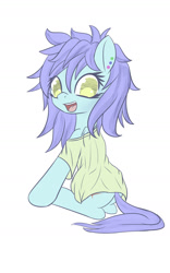 Size: 1050x1680 | Tagged: safe, artist:an-m, oc, oc only, oc:synthy, pegasus, pony, clothes, ear piercing, looking back, messy mane, piercing, shirt, simple background, sitting, solo, t-shirt, white background