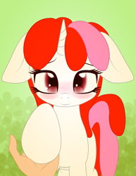 Size: 3840x4969 | Tagged: safe, artist:an-m, oc, oc only, oc:righty tighty, human, pony, unicorn, absurd resolution, blushing, female, floppy ears, hand, hoof hold, looking at you, mare, offscreen character, pov, solo focus, vector