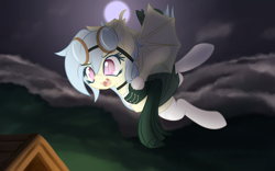 Size: 3200x2000 | Tagged: safe, artist:an-m, oc, oc only, bat pony, pony, clothes, cloud, collar, fangs, flying, goggles, moon, night, socks, solo