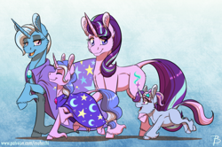 Size: 1616x1073 | Tagged: safe, artist:inuhoshi-to-darkpen, starlight glimmer, trixie, oc, oc:mirage moon, oc:shooting star, pony, unicorn, cape, cheek fluff, clothes, ear fluff, eyes closed, female, filly, hat, hoof fluff, lesbian, magical lesbian spawn, mare, offspring, parent:starlight glimmer, parent:trixie, parents:startrix, raised hoof, shipping, startrix, trixie's cape, unshorn fetlocks