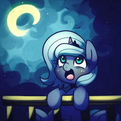 Size: 2000x2000 | Tagged: safe, artist:maren, princess luna, alicorn, pony, cloud, cloudy, crescent moon, cute, filly, happy, leaning, looking up, lunabetes, moon, open mouth, sitting, smiling, solo, underhoof, woona, younger