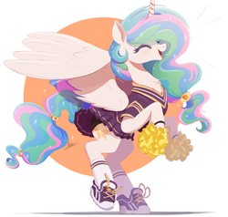 Size: 1500x1430 | Tagged: safe, artist:ncmares, princess celestia, alicorn, pony, abstract background, alternate hairstyle, cheerleader, cheerleader outfit, chest fluff, clothes, cute, cutelestia, eyes closed, female, mare, open mouth, pom pom, shoes, socks, solo