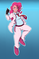 Size: 1000x1521 | Tagged: safe, alternate version, artist:goat train, pinkie pie, equestria girls, anime, background removed, blue background, clothes, cosplay, costume, crossover, diamond is unbreakable, female, gloves, gradient background, grin, jojo's bizarre adventure, killer queen, looking at you, necktie, pants, simple background, smiling, solo, suit, thumbs up, yoshikage kira