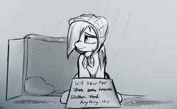 Size: 1473x906 | Tagged: safe, artist:neighday, suri polomare, earth pony, pony, begging, box, crying, depressing, desperation, feels, female, grayscale, hair over one eye, helpless, homeless, mare, monochrome, rain, sad, sign, solo, will x for y, woobie