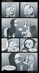 Size: 1038x1920 | Tagged: safe, artist:neighday, coco pommel, suri polomare, earth pony, pony, begging, box, clothes, cocobetes, coffee, comic, crying, cute, dialogue, duo, duo female, eyes closed, feels, female, forgiveness, good end, grayscale, hair over one eye, heartwarming, homeless, makeup, mare, monochrome, rain, redemption, running makeup, sad, smiling, speech bubble, suribetes, sweet dreams fuel, tears of joy