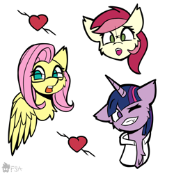 Size: 2000x2000 | Tagged: safe, artist:freak-side, fluttershy, roseluck, twilight sparkle, earth pony, pegasus, pony, unicorn, heart, simple background, sticker