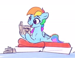 Size: 2048x1583 | Tagged: safe, artist:thefloatingtree, rainbow dash, pegasus, pony, atg 2020, book, cushion, daring do books, female, mare, newbie artist training grounds, open mouth, prone, reading, simple background, solo, white background