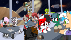 Size: 1920x1080 | Tagged: safe, artist:agamnentzar, artist:chiramii-chan, artist:shinodage, oc, oc only, oc:catrina mewale, oc:creamy pinch, oc:kenos, oc:lemon drop, oc:pon, oc:ponepony, oc:prism streak, oc:tiorafa, zebra, alcohol, bar, clothes, scarf, sleeping, socks, space, spacesuit, striped socks, tinyface