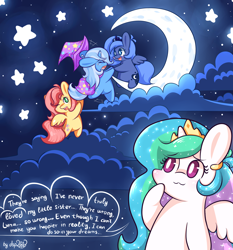 Size: 2048x2196 | Tagged: safe, alternate version, artist:dsp2003, fluttershy, princess celestia, princess luna, trixie, alicorn, pegasus, pony, :3, bipedal, blushing, chibi, cloud, cloudy, crescent moon, cute, diatrixes, filly, happy, lifeloser-ish, moon, open mouth, s1 luna, shyabetes, style emulation, tangible heavenly object, text, transparent moon, wink, woona