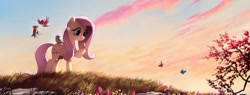 Size: 1640x624 | Tagged: safe, artist:ruhje, fluttershy, bird, butterfly, pegasus, pony, beautiful, female, flower, folded wings, grass, hoof hold, looking at something, mare, raised hoof, scenery, sky, smiling, solo, spring, wings