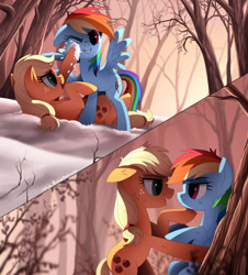Size: 861x954 | Tagged: safe, artist:ruhje, applejack, rainbow dash, earth pony, pegasus, pony, appledash, female, lesbian, looking at each other, mare, open mouth, shipping, snow, snowball fight, tree, winter