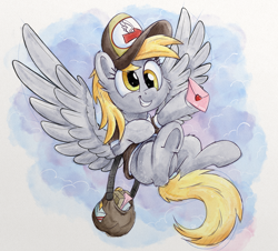 Size: 3840x3479 | Tagged: safe, artist:pirill, derpy hooves, pegasus, pony, cheek fluff, clothes, cute, derpabetes, ear fluff, envelope, female, flying, hat, high res, mailbag, mailmare, mailmare hat, mare, package, smiling, solo, wings