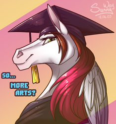 Size: 1000x1069 | Tagged: safe, artist:sunny way, oc, oc:sunny way, anthro, pegasus, bust, female, info, mare, portrait, smiling, solo, university, wings