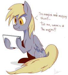 Size: 665x727 | Tagged: safe, artist:aureai, derpy hooves, pegasus, pony, cute, derp, engrish, female, mare, scrunchy face, solo, tablet