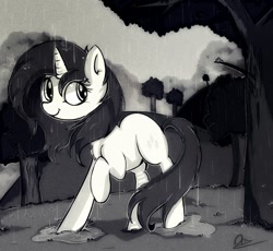 Size: 932x858 | Tagged: safe, artist:aureai, rarity, pony, unicorn, alternate hairstyle, black and white, grayscale, monochrome, rain, solo