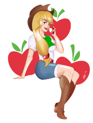 Size: 1080x1440 | Tagged: safe, artist:shelltoon, applejack, human, apple, boots, cutie mark background, equestria girls outfit, female, food, freckles, hat, humanized, simple background, solo, white background