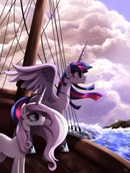 Size: 825x1097 | Tagged: safe, artist:ruhje, fleur-de-lis, twilight sparkle, twilight sparkle (alicorn), alicorn, pony, unicorn, fanfic:myths and birthrights, duo, fanfic, fanfic art, female, mare, ocean, older, ship, ultimate twilight