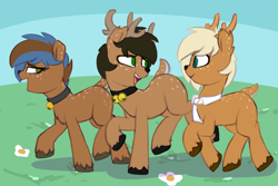 Size: 2302x1540 | Tagged: safe, artist:shinodage, oc, oc only, oc:deeraw, oc:goodly, oc:wandeer, deer pony, original species, antlers, cute, female, flower, looking back, male, necktie, open mouth, raised hoof, rule 63, smiling, trio