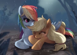 Size: 798x568 | Tagged: dead source, safe, artist:ruhje, applejack, rainbow dash, earth pony, pegasus, pony, crying, hatless, heartbreak, heartwarming, missing accessory, rain, sad, winghug