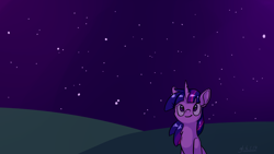 Size: 1600x900 | Tagged: safe, artist:goat train, twilight sparkle, pony, unicorn, chest fluff, night, sitting, smiling, solo, stargazing, stars, wallpaper