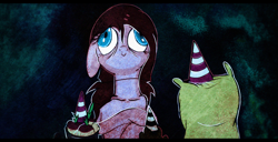 Size: 1300x663 | Tagged: safe, artist:aureai, pinkie pie, pony, blue eyes, female, insanity, party hat, pillow, pinkamena diane pie