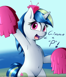 Size: 1280x1500 | Tagged: safe, artist:neighday, oc, oc only, oc:fiji, pony, unicorn, armpits, beach, belly, belly button, bipedal, cheerleader, cheerleader outfit, chest fluff, cute, cutie mark, female, flower, flower in hair, fluffy, happy, heart, i see what you did there, implied watersports, looking at you, mare, multicolored hair, multicolored tail, ocbetes, ocean, open mouth, outdoors, pom pom, smiling, solo, standing, text, water