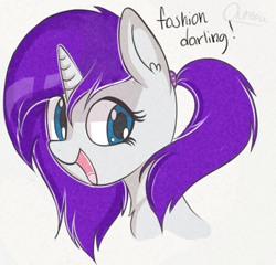 Size: 441x424 | Tagged: safe, artist:aureai, rarity, pony, unicorn, alternate hairstyle, blue eyes, eyelashes, female, happy, open mouth, ponytail, purple hair, solo