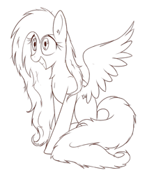 Size: 543x613 | Tagged: safe, artist:aureai-sketches, fluttershy, pegasus, pony, female, fluffy, long hair, monochrome, reaction image, smiling, tail, wings