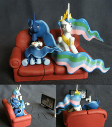 Size: 1152x1296 | Tagged: safe, artist:prototypespacemonkey, princess celestia, princess luna, alicorn, pony, custom, figurine, gamer luna, portal (valve), portal 2, two best sisters play